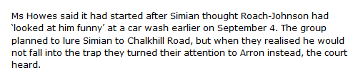 Ms Howes said it had started after Simian thought Roach-Johnson had ‘looked at him funny’ at a car wash earlier on September 4. The group planned to lure Simian to Chalkhill Road, but when they realised he would not fall into the trap they turned their attention to Arron instead, the court heard.